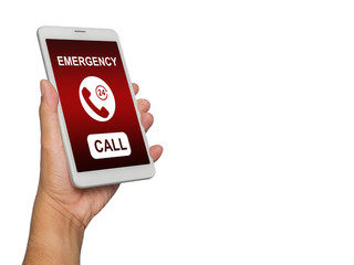 Hand holding smartphone with emergency call services in screen isolated on white background.