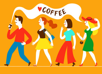 Man walking with coffee and pretty women smells coffee behind him.