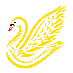 A graceful yellow swan raising a wing, bright pattern