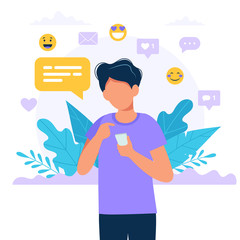 Man texting with a smartphone, social media icons. Concept vector illustration in flat style
