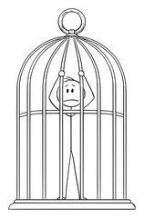 Vector cartoon stick figure drawing conceptual illustration of man or businessman trapped in golden bird cage.