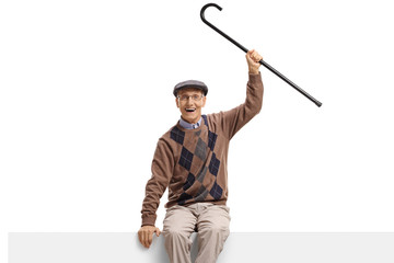 Happy elderly man with a cane sitting on a panel