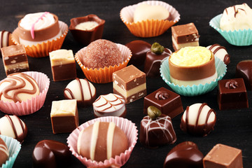 a lot of variety chocolate pralines, belgian confectionery gourmet chocolate.