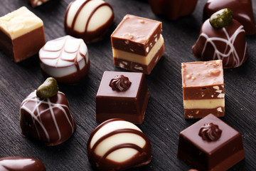 a lot of variety chocolate pralines, belgian confectionery gourmet chocolate.