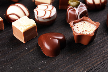 a lot of variety chocolate pralines, belgian confectionery gourmet chocolate.