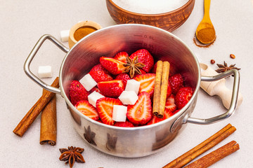 Strawberry jam. Ingredients for making homemade sweet dessert