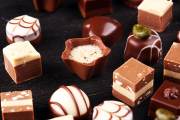 a lot of variety chocolate pralines, belgian confectionery gourmet chocolate.