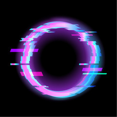 Colorful glitch circle geometric shape, frame with neon glitch effect