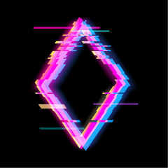 Colorful glitch rhombus geometric shape, frame with neon glitch effect