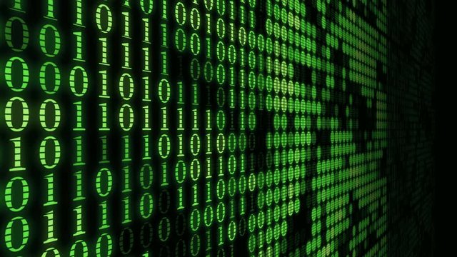 Green wall of numbers matrix machine code blinking computer process background