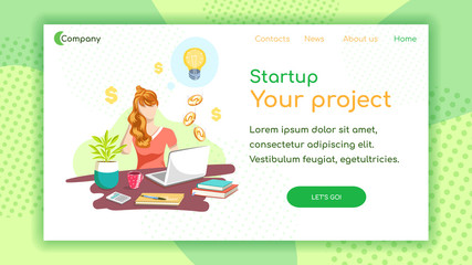 Landing page template. Young successful businesswoman working on laptop. Vector illustration