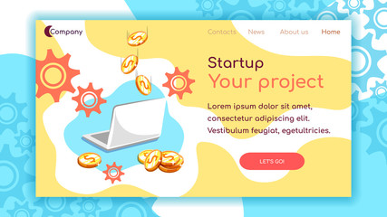 Startup concept illustration. Landing page template. Laptop and golden falling coins on abstract background. Vector image