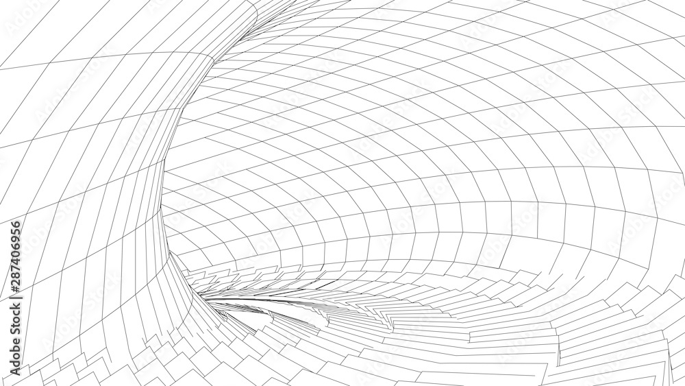 Poster tunnel or wormhole. digital 3d wireframe tunnel. 3d tunnel grid. network cyber technology. surrealis