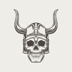 Black and white scull In horned helmet. Vector illustration