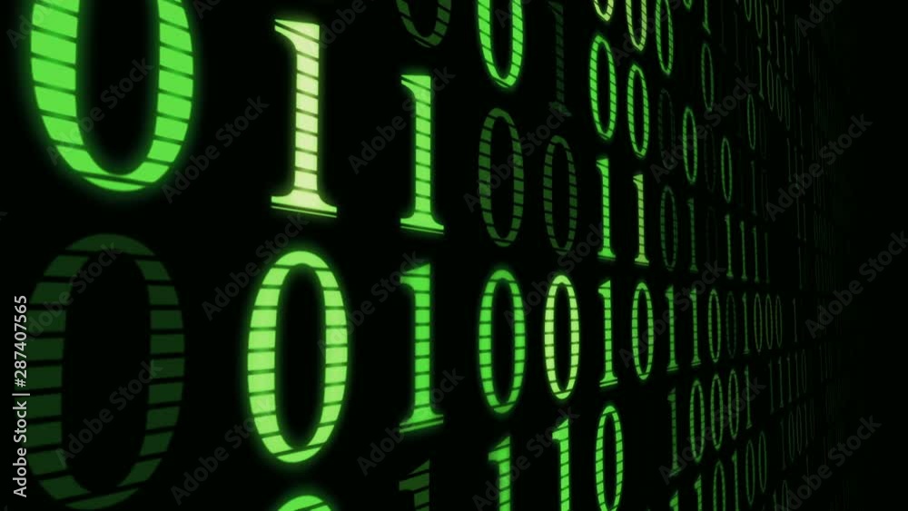 Poster moving down green wall of matrix numbers, machine code, computer tech processes