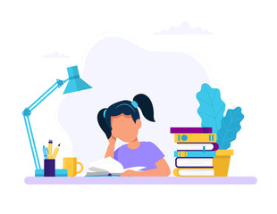 Girl studying with a book. Concept illustration for education. Vector illustration in flat style