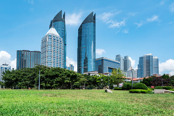 Fototapeta premium Park Lawn and Modern Urban Architecture in Qingdao, China