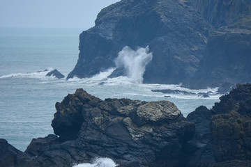 The view of sea, cliffs and waves from the coastal path in north Cornwall near to Padstow