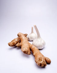 Closeup of ginger and garlic isolated in white background