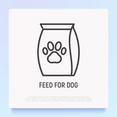 Dry food packet with paw thin line icon. Modern vector illustration for pet shop.