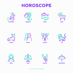 Horoscope thin line icons set. Zodiac signs: capricorn, aquarius, aries, pisces, virgo, libra, scorpio, sagittarius, taurus, gemini, leo. Modern vector illustration.