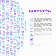 Express delivery concept with thin line icons: parcel, truck, out for delivery, searchong of shipment, courier, sorting center, dispatch, registered, delivered. Vector illustration for print media
