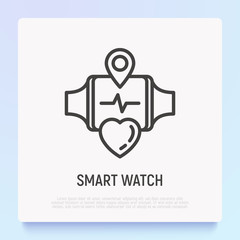 Smart watch with heartbeat on screen. Fitness gadget. Thin line icon. Modern vector illustration.