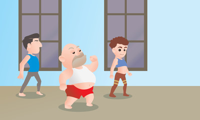 Middle age of bald fat man and his friend in dancing suit. Concept of Healthy life style  vector illustration isolated cartoon