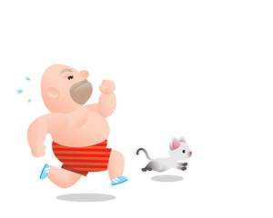 Funny vector illustration of fat bald man running excercising. Concept of Strong healthy fat man. cartoon