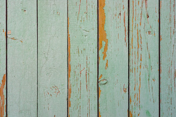 Wall texture of wooden boards with peeling green paint
