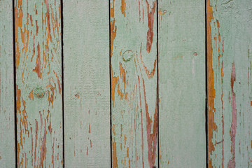Wall texture of wooden boards with peeling green paint