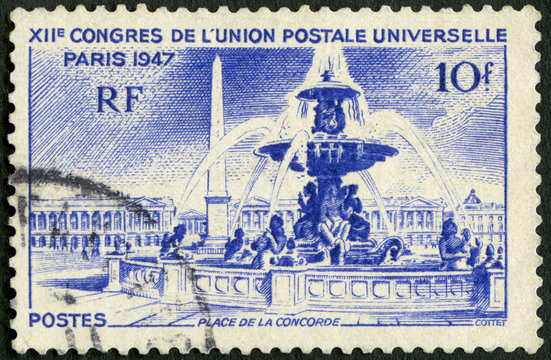 FRANCE - 1947: shows Place de la Concorde, The Fountain of River Commerce and Navigation, Paris, 1947