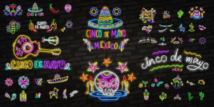 Neon Mexican Icons. Icon From Cinco De Mayo. Mexico Neon Sign. Cactus, Flag Mexico, Tequila, Mexican Hat, Skull, Taco, Maracas, Chilli, Shot Icon. Vector