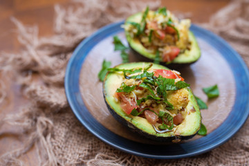 Avocado salad with basil, tomato, cheese and balsamic glaze