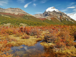 Snowy mountains and autumn forest in Patagonia