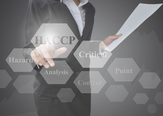 Business woman showing presentation of meaning of HACCP concept (Hazard Analysis of Critical...
