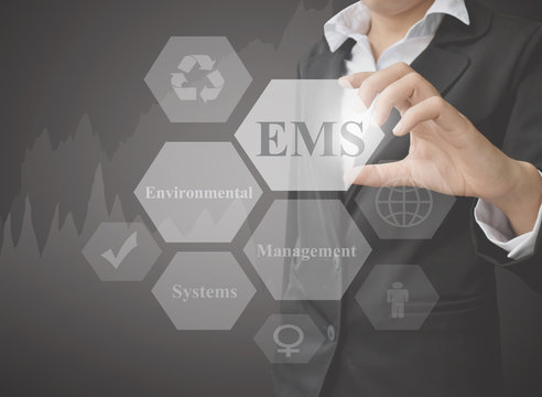 businesswoman showing presentation EMS(Environmental Management System) on black background.