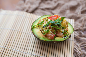 Avocado salad with basil, tomato, cheese and balsamic glaze