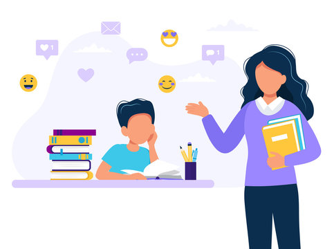 Female Teacher And Boy Studying. Concept Illustration For School, Education. Vector Illustration In Flat Style