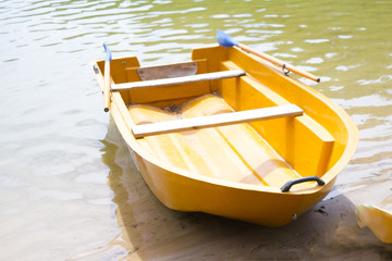 Yellow boat on lake cost