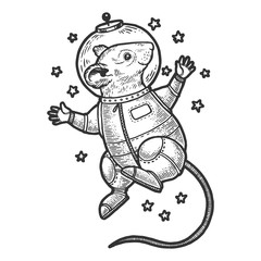 Mouse astronaut spaceman in space sketch engraving vector illustration. Tee shirt apparel print design. Scratch board style imitation. Black and white hand drawn image.