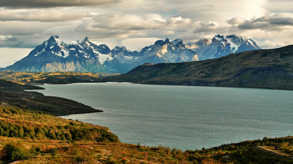 Naklejka na ściany i meble Torres del Paine. Patagonia mountains and lake. Chile