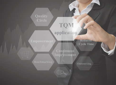 Business woman showing presentation TQM Application on black background. concept for use in company