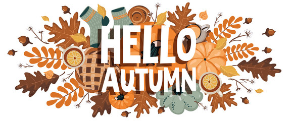Autumn horizontal banner with sezonal elements. Autumn background