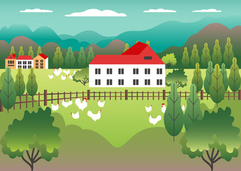 Obraz premium Rural valley Farm countryside. Village landscape with ranch in flat style design. Landscape with detached house farm one family house, barn, building, tree, background cartoon vector illustration