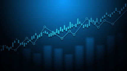 Abstract financial chart with uptrend line graph in stock market on blue color background
