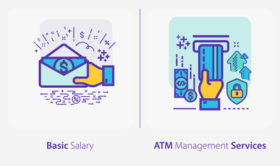 Business and Finance Concept Icons, Basic Salary, ATM Management Service