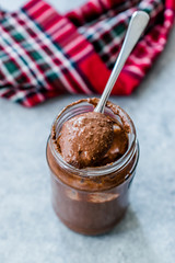 Homemade Organic Raw Nut Chocolate Cream in Spoon.