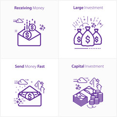Business and finance : Receiving money icon / Large investment icon / Send money fast icon / Capital Investment icon