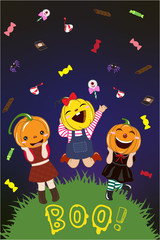 Happy little pumpkin girl with candy ,on a dark purple background.